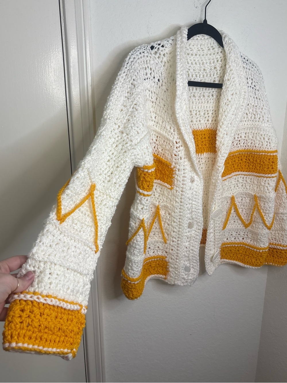 Handmade Knit Crochet Cardigan Sweater Mustard Yellow & Cream Boho - Picture 15 of 16